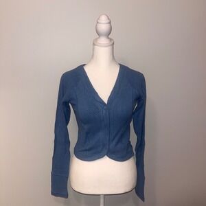 Area‎ Stars  Ribbed Knit Cardigan Top Button Front Long Sleeve Blue XS